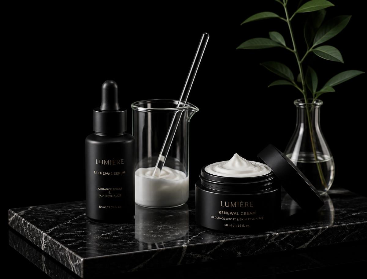 Black serum bottle, beaker of cream and botanical sprig on a marble slab