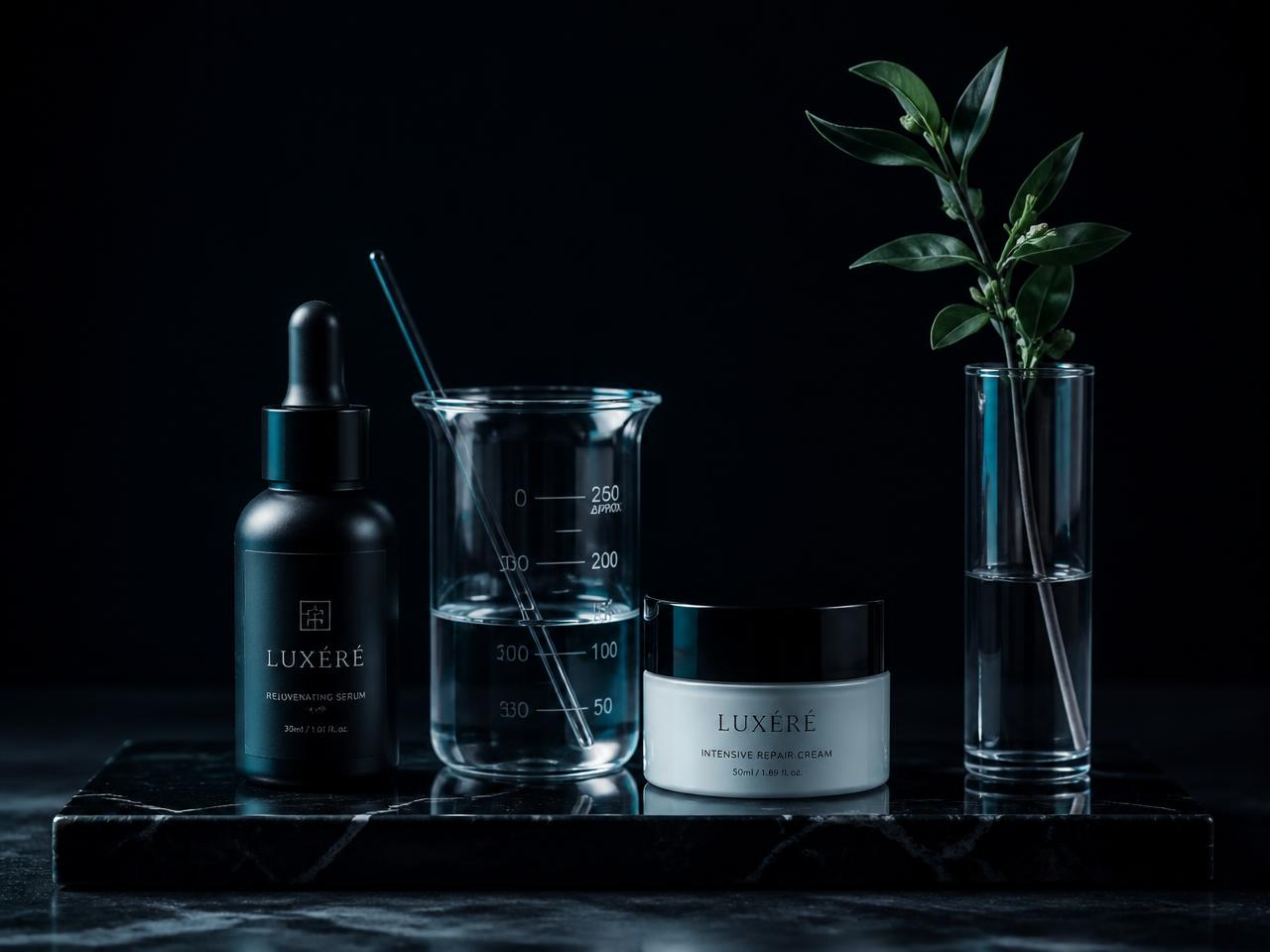 Black serum bottle, graduated beaker and cream jar on a dark marble slab