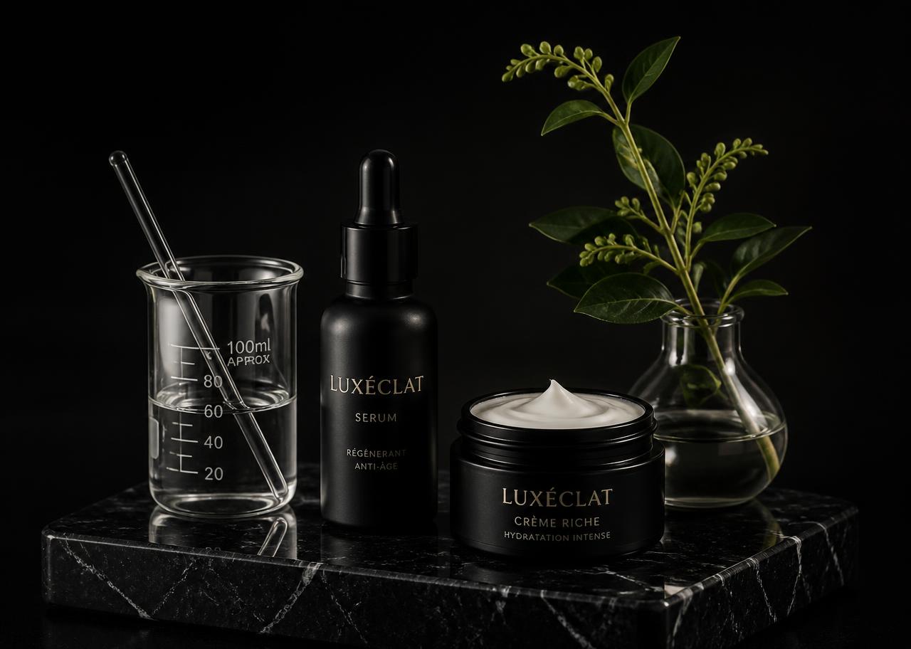 Black serum bottle, beaker and cream jar on a black marble slab