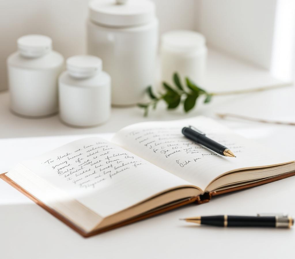 Open notebook and pen beside white cosmetic jars